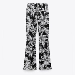 NWT ZARA Black/White‎ Leaf Flare Jacquard Pants High Waist Elastic Waist Sz L